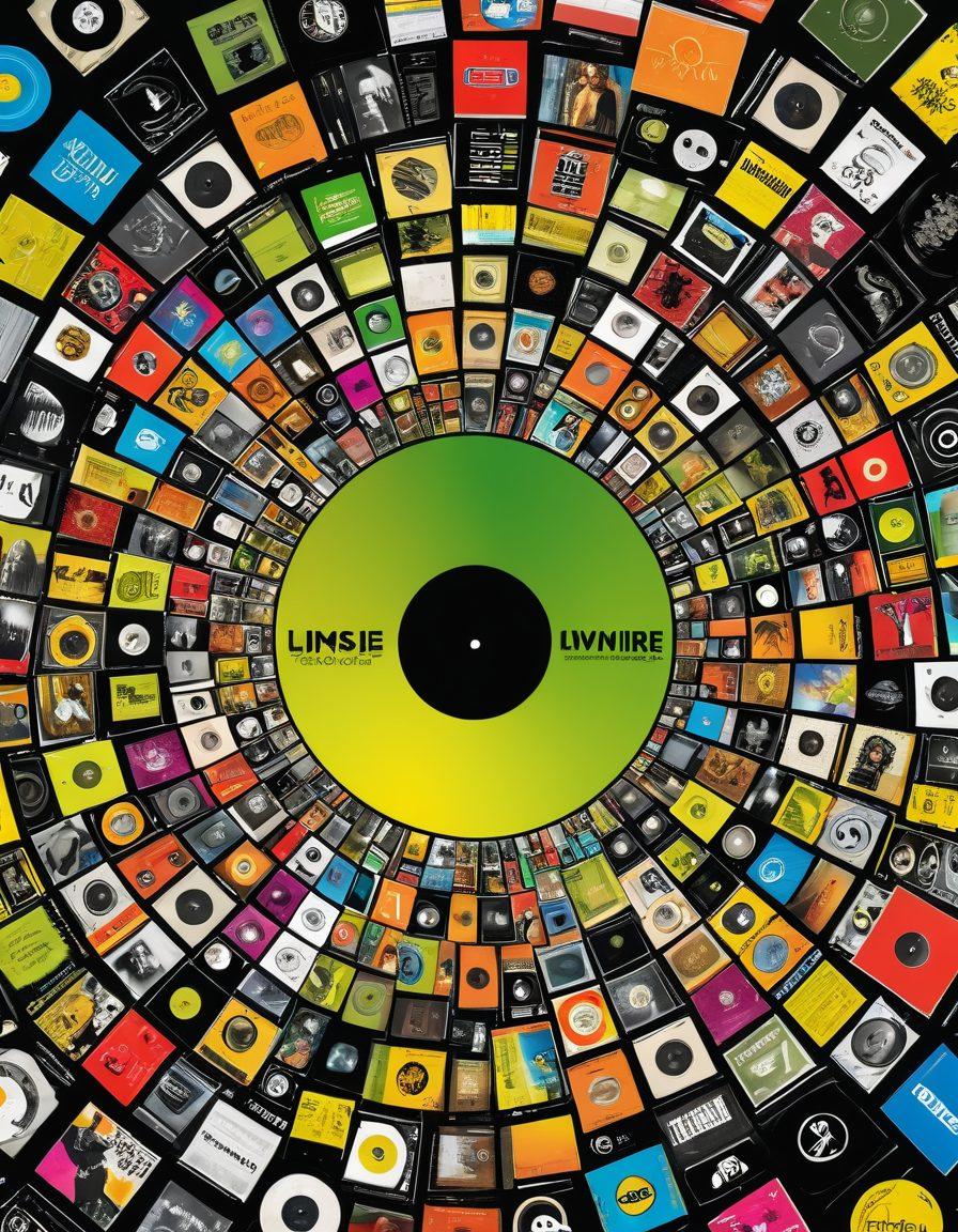 A vibrant collage representing the evolution of music distribution with iconic LimeWire logo at the center, surrounded by vinyl records, CDs, and digital notes. Showcase diverse people joyously sharing and exchanging music files in a warm, colorful community setting. Include a retro computer with music streaming visuals in the background. bright colors. digital art. energetic atmosphere.