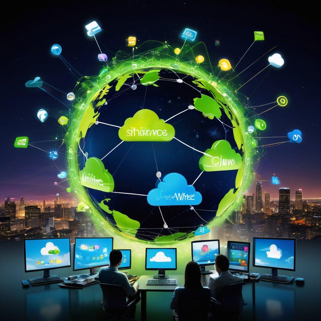 A dynamic, interconnected web of people sharing files, symbolizing community and collaboration, with vibrant LimeWire logos and colorful digital file icons floating around. Include elements representing technology, such as cloud servers and streaming devices, with a futuristic skyline in the background. The scene is alive with energy, illustrating the transformation of file sharing. super-realistic. vibrant colors. 3D.