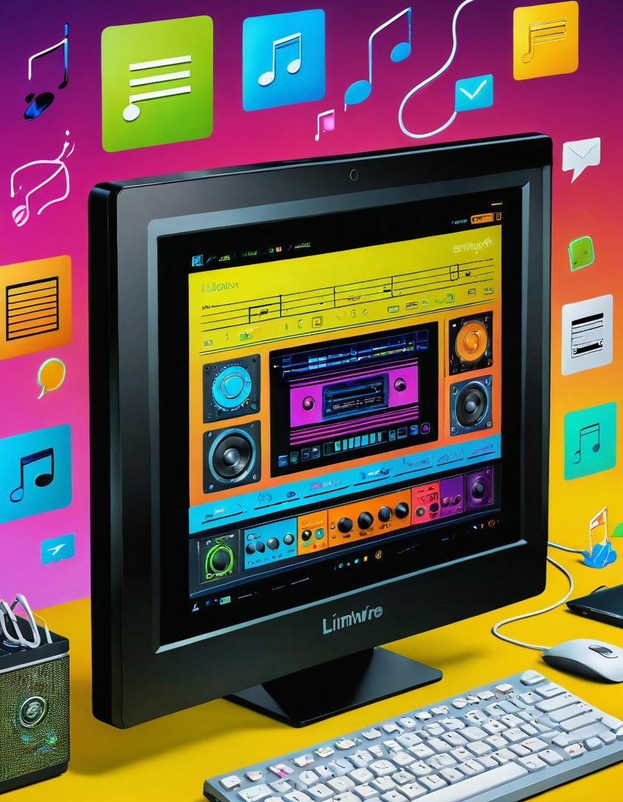 A vibrant illustration of a vintage LimeWire interface on a computer screen, depicting users joyfully exchanging music and media files in a lively digital landscape. Surround the scene with floating musical notes and colorful icons representing various media types. Show diverse users exploring and discovering new content, highlighting the spirit of digital empowerment and community. Include a retro-futuristic style with neon colors and dynamic shapes. super-realistic. vibrant colors. digital art.
